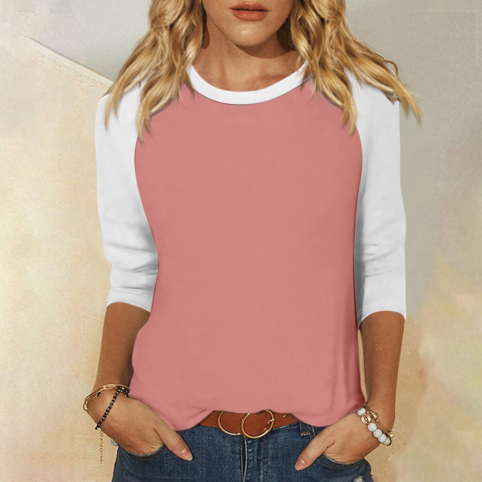 thumbnail image 2 of Camiseta raglán de manga 3/4 para mujer: cuello redondo, estampado informal, versátil para todas las estaciones (S-XXL), 2 of 5